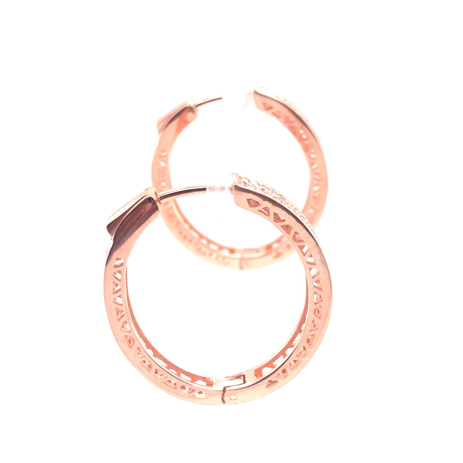 A PAIR OF SILVER AND ROSE GOLD PLATED CUBIC ZIRCONIA CHANNEL SET EARRINGS 3.1cm. WEIGHT 9.6grms. - Image 2 of 3