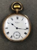 A WALTHAM 9ct HALLMARKED GOLD OPEN FACE POCKET WATCH, WITH WHITE ENAMEL DIAL AND ROMAN NUMERALS, AND