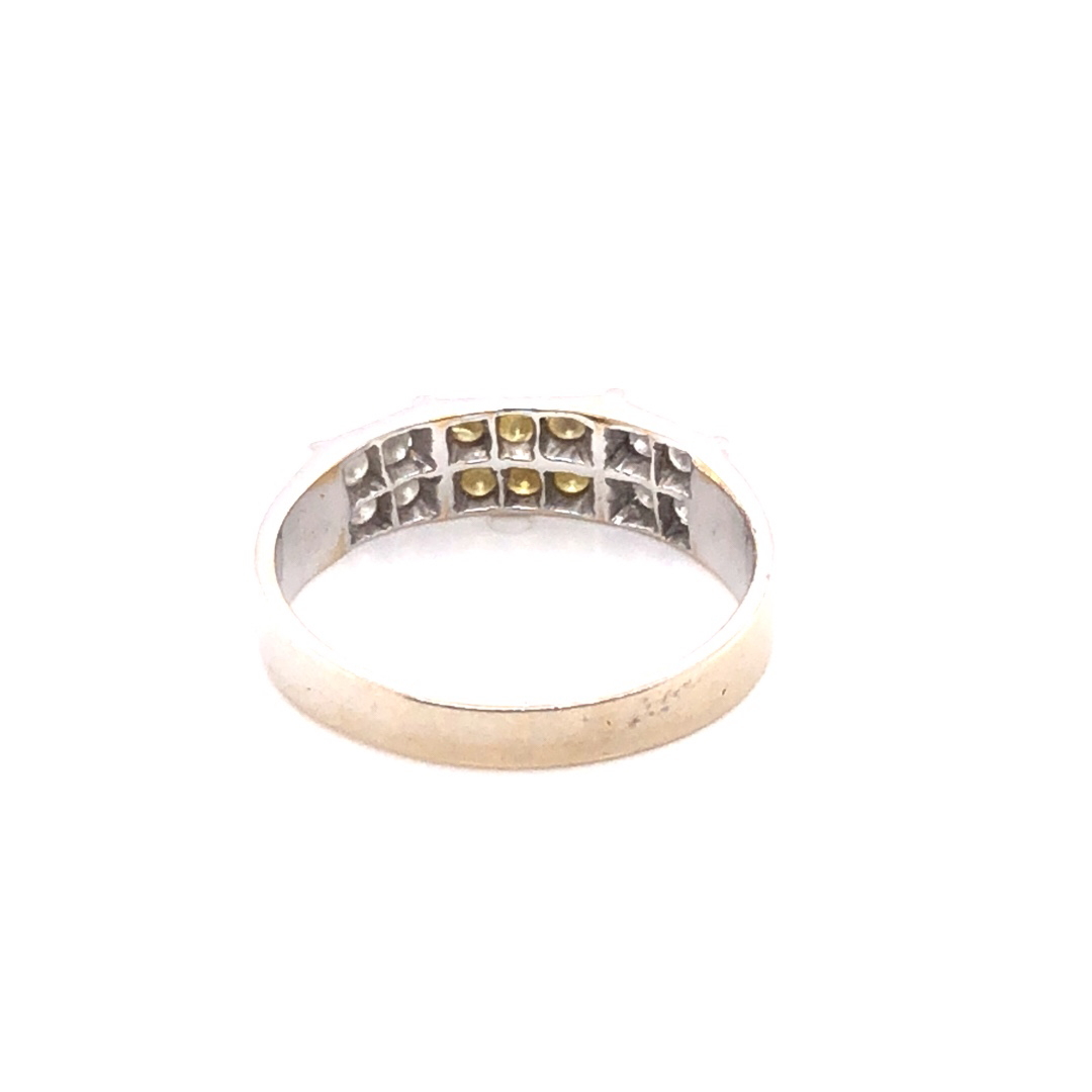 A PRECIOUS WHITE METAL AND DIAMOND RING. THE THREE PANELS CONSISTING OF PAVE SET YELLOW AND WHITE - Image 2 of 4