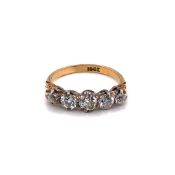 AN ANTIQUE 18ct YELLOW GOLD AND FIVE STONE GRADUATED OLD CUT DIAMOND CARVED HALF HOOP RING. APPROX