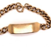 A 9ct HALLMARKED ID CURB BRACELET. LENGTH 23cms. WEIGHT 35.5grms,