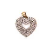 A MULTI DIAMOND THREE ROW BORDERED HEART PENDANT SET IN 9ct HALLMARKED YELLOW GOLD. DROP 2.4cms.