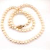 A PRINCESS LENGTH ROW OF CULTURED PEARLS WITH A SLIGHT GRADUATION COMPLETED WITH A 14ct GOLD