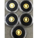 A GROUP OF FIVE 24ct GOLD PROOF £5 COINS, EACH WEIGHING 0.5grms, TO INCLUDE A 2019 QUEEN