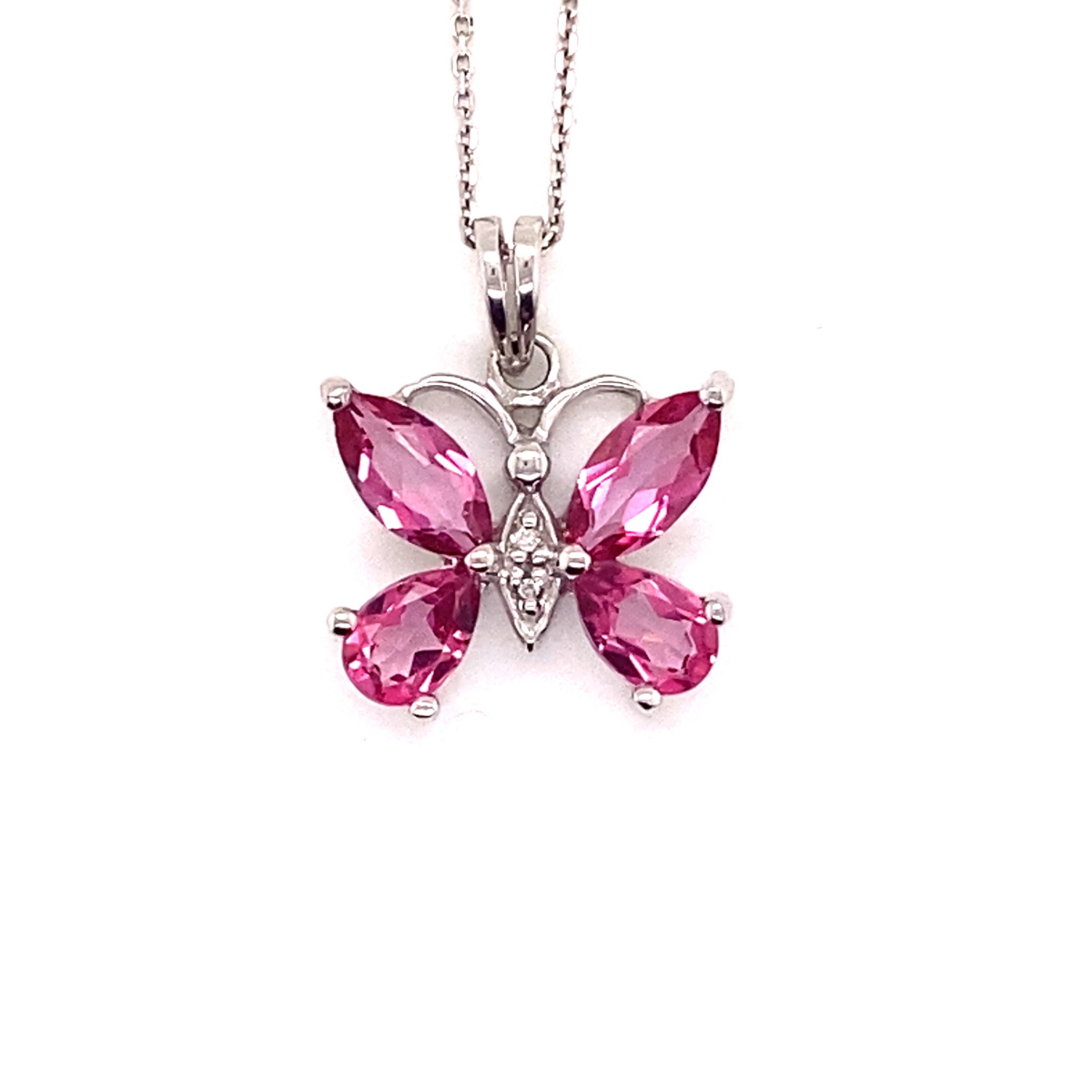 A PINK SAPPHIRE AND DIAMOND SET BUTTERFLY PENDANT AND SQUARE CUT BELCHER CHAIN. THE PENDANT