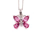 A PINK SAPPHIRE AND DIAMOND SET BUTTERFLY PENDANT AND SQUARE CUT BELCHER CHAIN. THE PENDANT