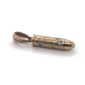A 9ct GOLD HALLMARKED ARTICULATING CARVED BULLET PENDANT SET WITH CUBIC ZIRCONIA. DROP INCLUDING