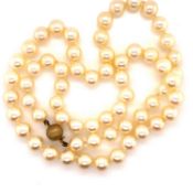 A PRINCESS ROW OF SLIGHTLY GRADUATED AND KNOTTED CULTURED PEARL NECKLACE, FITTED WITH A 9ct