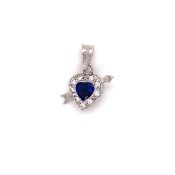 A SAPPHIRE, DIAMOND AND PRECIOUS WHITE METAL CUPIDS HEART PENDANT, STAMPED 585 AND ASSESSED AS 14ct.