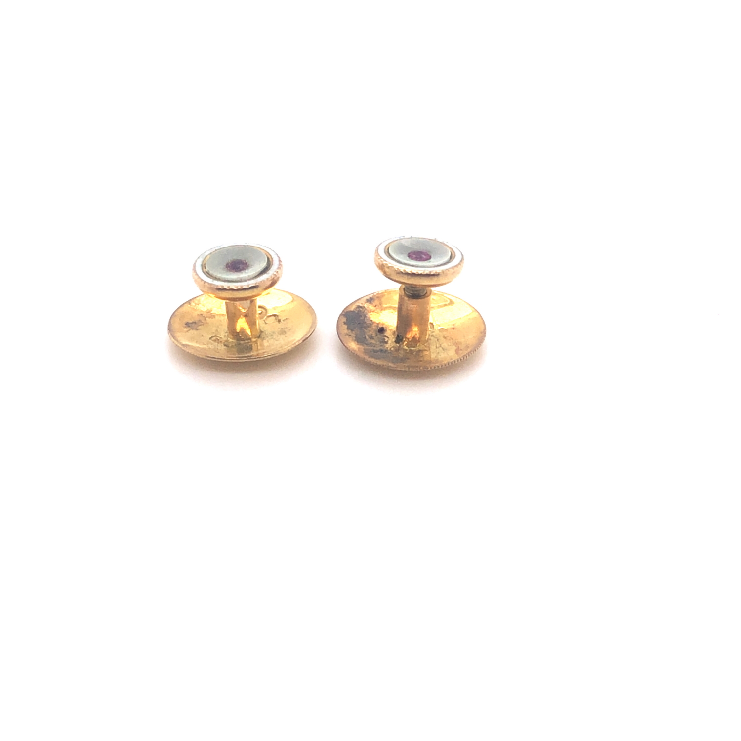 A PAIR OF ANTIQUE 9ct GOLD, RUBY, MOTHER OF PEARL AND WHITE ENAMEL SCREW DOWN DRESS STUDS. - Image 2 of 2