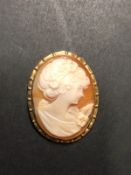 A VINTAGE HALLMARKED 9ct GOLD CARVED SHELL PORTRAIT CAMEO OF A YOUNG MAIDEN FACING ADROIT.