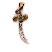 A SILVER AND GOLD PLATED RUBY AND EMERALD INSET SCIMITAR SWORD FORM PENDANT. INDISTINCTLY SIGNED