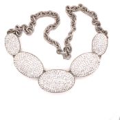 A SILVER MULTI CRYSTAL GRADUATED PANEL NECKLACE SUSPENDED ON A BELCHER LINK NECKLACE. LENGTH 44cms,