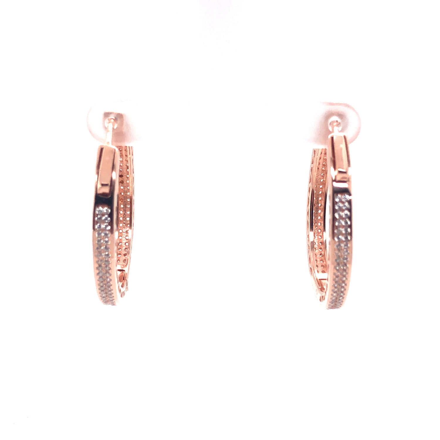 A PAIR OF SILVER AND ROSE GOLD PLATED CUBIC ZIRCONIA CHANNEL SET EARRINGS 3.1cm. WEIGHT 9.6grms.