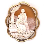 AN ANTIQUE CARVED SHELL CAMEO DEPICTING A SEATED MAIDEN WITH YOUNG SAILOR ASHORE, AND A DISTANT