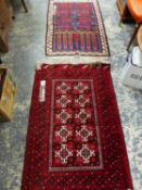 TWO AFGHAN BELOUCH RUGS 177 X 77 & 122 X 80 CM