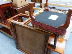 A MID CENTURY TEAK AND TILE TOP COFFEE TABLE, AN ORIENTAL OCCASIONAL TABLE, A VONO FOLDING BRIDGE