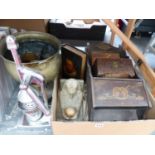 AN ART NOUVEAU HALL MIRROR WITH GLOVE BOX, A BOOK TYPE BOX, A CARVED WOOD BOX, A VINTAGE JUICER, A