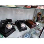 TWO VINTAGE BAKELITE TELEPHONES AND A CANDLESTICK TELEPHONE.