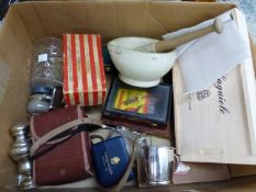 A VINTAGE PESTLE AND MORTAR AND MISC. ASSORTED COLLECTABLES.