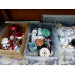 THREE BOXES CONTAINING VARIOUS DECORATIVE CHINA AND GLASS WARES, COTTAGE TEAPOT AND OTHERS, A