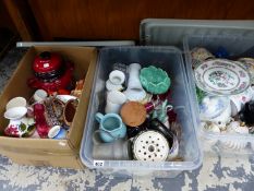 THREE BOXES CONTAINING VARIOUS DECORATIVE CHINA AND GLASS WARES, COTTAGE TEAPOT AND OTHERS, A