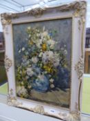 A DECORATIVE FLORAL STILL LIFE PRINT IN MOULDED DECORATIVE FRAME