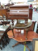 A MAHOGANY CLOSE STOOL,A BURR WALNUT AND A MARQUETRIED MAHOGANY COFFEE TABLE