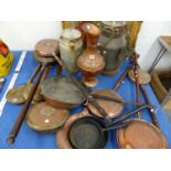 VARIOUS COPPER BED WARMING PANS, TWO MILK CHURNS, LARGE COPPER FRYING PAN, IRON PANS, ETC.