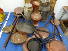 VARIOUS COPPER BED WARMING PANS, TWO MILK CHURNS, LARGE COPPER FRYING PAN, IRON PANS, ETC.