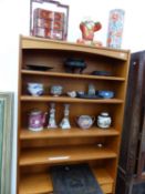 AN EASTERN CARVED HARDWOOD PANEL, VARIOUS HARDWOOD STANDS, ORIENTAL CERAMICS, AND A LACQUER WORK