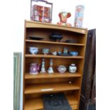 AN EASTERN CARVED HARDWOOD PANEL, VARIOUS HARDWOOD STANDS, ORIENTAL CERAMICS, AND A LACQUER WORK