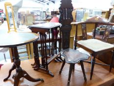 A EDWARDIAN INLAID CORNER CHAIR, A SPINNERS CHAIR, A NEST OF MAHOGANY TABLES AND TWO WINE TABLES.