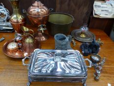 A COPPER TEA URN, BRASS JAM PAN, COMPANION SET AND OTHER METAL WARES.