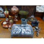 A COPPER TEA URN, BRASS JAM PAN, COMPANION SET AND OTHER METAL WARES.
