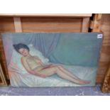 EARLY 20th.C. CONTINENTAL SCHOOL, RECLINING NUDE, SIGNED INDISTINCTLY AND DATED 1915, OIL ON CANVAS