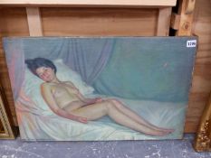 EARLY 20th.C. CONTINENTAL SCHOOL, RECLINING NUDE, SIGNED INDISTINCTLY AND DATED 1915, OIL ON CANVAS