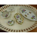 FIVE PIECES OF HEREND PORCELAIN ON A TIN TRAY.