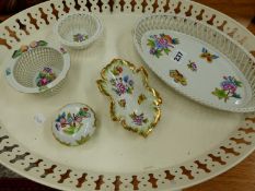 FIVE PIECES OF HEREND PORCELAIN ON A TIN TRAY.