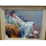 20th.C. CONTINENTAL SCHOOL. IN REPOSE, SIGNED INDISTINCTLY, OIL ON BOARD. 43 x 56cms