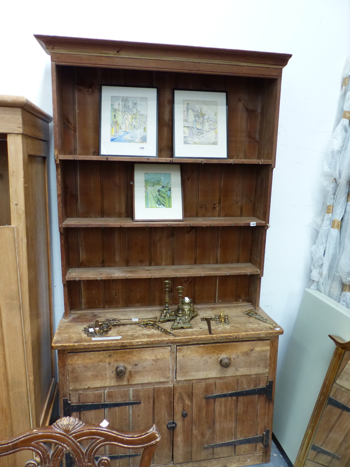 A SMALL RUSTIC PINE KITCHEN DRESSER W 126 X D 47 X H 228CMS.