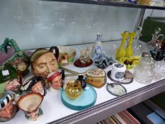 A GROUP OF DOULTON CHARACTER JUGS, VICTORIAN AND OTHER GLASSWARES, A PAIR OF DECANTERS, AN ANTIQUE