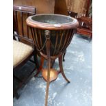 A SMALL MAHOGANY INLAID PLANTER STAND WITH BRASS LINER.