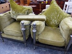 A PAIR OF UNUSUAL METAL FRAMED PLUSH ARM CHAIRS.