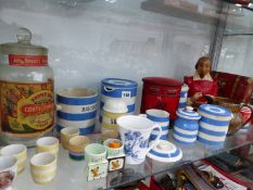 A QTY OF TG GREEN CORNISH KITCHEN WARE , A BARRATTS HUMBUGS SWEET JAR, TIN PLATE MONEY BOX, A FLOWER