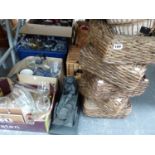 A PICNIC HAMPER, FIVE SQUARE PLANT STANDS, VARIOUS DRINKING GLASSES, AND A COMPOSITION FIGURE