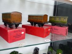 THREE HORNBY BOXED O GAUGE No. 1 PASSENGER COACHES