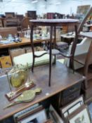 THREE OCCASIONAL TABLES, A BEDSIDE CUPBOARD AND AN OAK DESK.