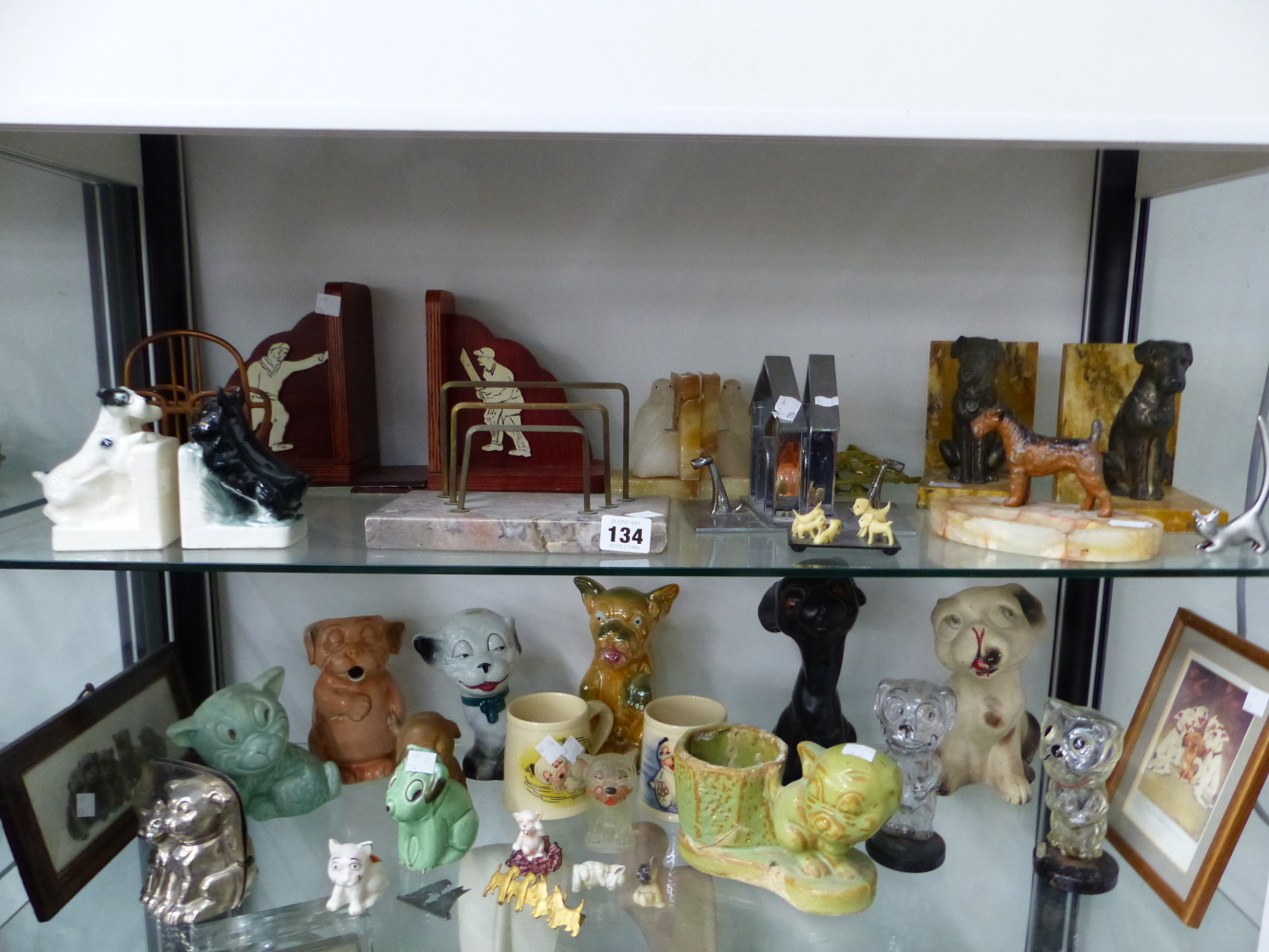 A COLLECTION OF ART DECO AND ART DECO STYLE ANIMAL ORNAMENTS TO INCLUDE TERRIER BOOK ENDS, CHOCOLATE