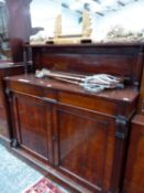 A MAHOGANY SIDEBOARD WITH TWO DRAWERS OVER DOORS BETWEEN FLUTED PILASTERS. W 125 x D 41 x H 132cms